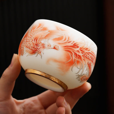 Buddha Stones Phoenix White Porcelain Ceramic Teacup Kung Fu Tea Cup
