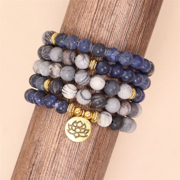 Buddha Stones 108 Mala Beads Sodalite Zebra Jasper Crystal Lotus Strength Bracelet Mala Bracelet BS 4