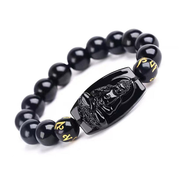 Buddha Stones Chinese Zodiac Obsidian Protection Bracelet Bracelet BS Pig & Dog-14mm