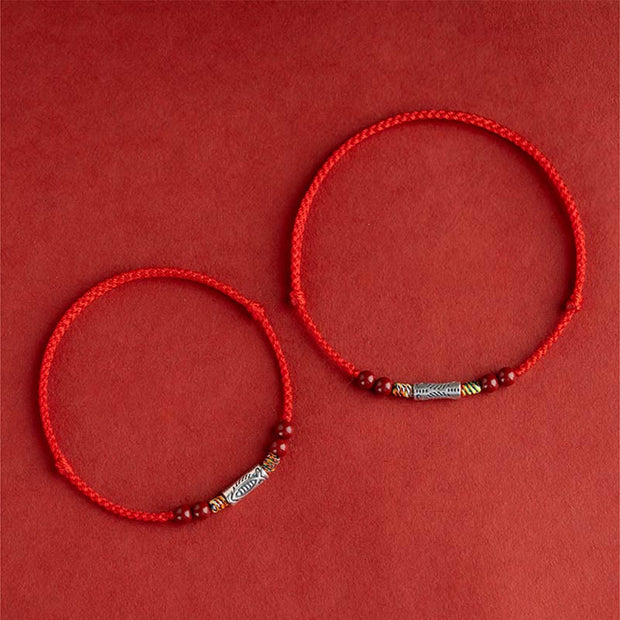 Buddha Stones 925 Sterling Silver Koi Fish Cinnabar Bead Wealth Handcrafted Braided Bracelet Anklet