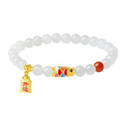 Buddha Stones 925 Sterling Silver Hetian White Jade Red Agate Koi Fish Luck Happiness Bracelet