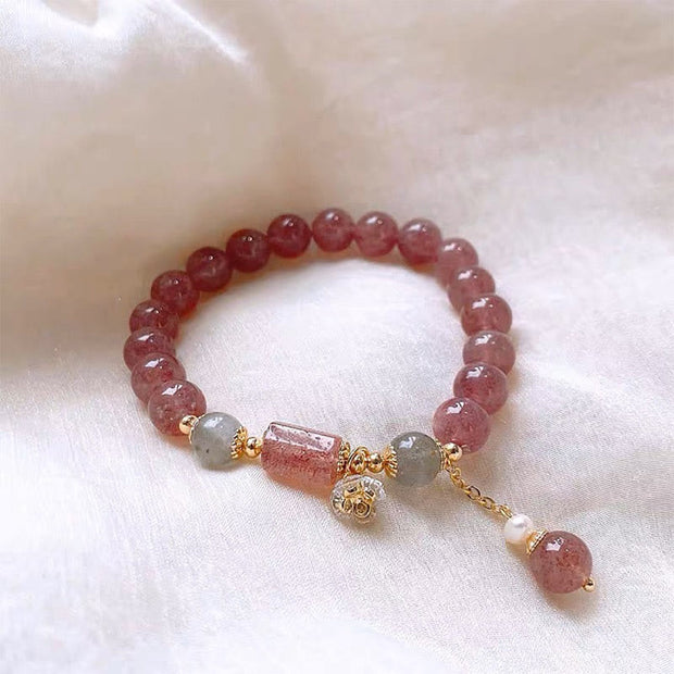Buddha Stones Natural Strawberry Quartz Zircon Flower Positive Charm Bracelet