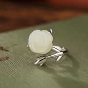 Buddha Stones 925 Sterling Silver Plated Gold Rose Flower Hetian White Jade Happiness Ring Ring BS Silver