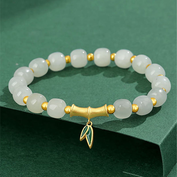 Buddha Stones 925 Sterling Silver Hetian White Jade Bamboo Luck Bracelet