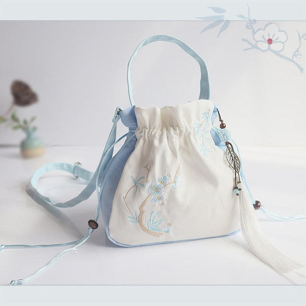 Buddha Stones Handmade Embroidered Flowers Canvas Tote Shoulder Bag Handbag Bag BS Light Blue White Flower