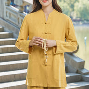 Buddha Stones Spiritual Zen Practice Yoga Meditation Prayer Uniform Cotton Linen Clothing Women's Set Clothes BS Gold 6XL