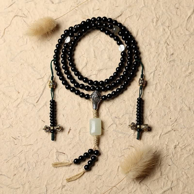 Buddha Stones Tibetan Black Onyx Hetian Jade 108 Mala Beads Fortune Bracelet Mala Bracelet BS 8mm Black Onyx&Copper