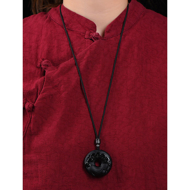 Buddha Stones Chinese Zodiac Natural Black Obsidian Peace Buckle Strength Necklace Pendant Necklaces & Pendants BS 11