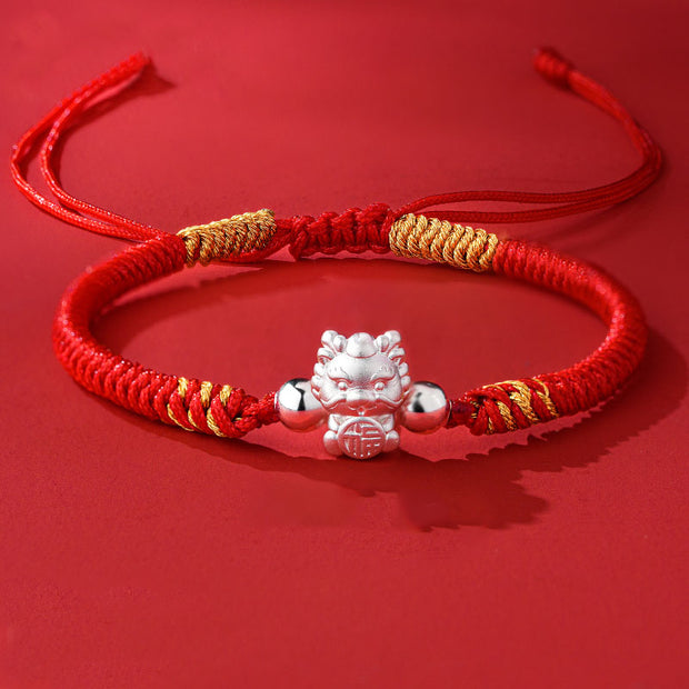 Buddha Stones 999 Sterling Silver Year of the Dragon Fu Character Attract Fortune Luck Handcrafted Braided Bracelet
