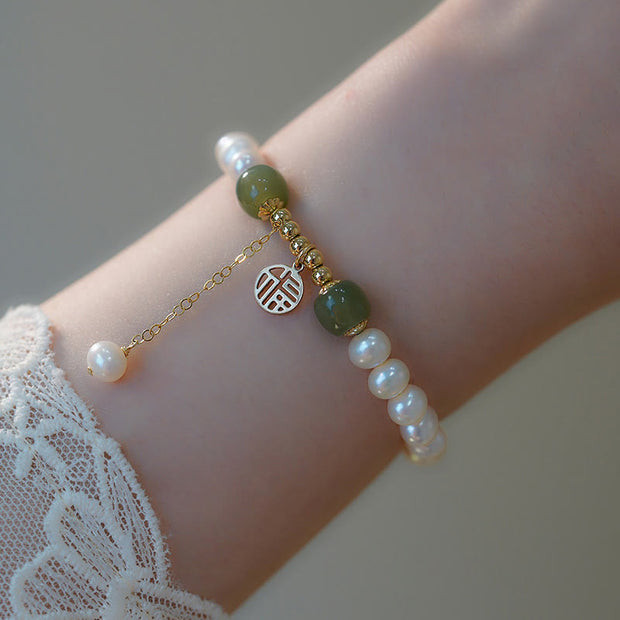 Buddha Stones Natural Pearl Hetian Jade Happiness Wisdom Bead Bracelet Bracelet BS 11