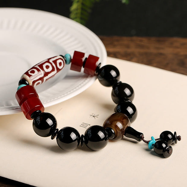 Buddha Stones Tibetan Nine-Eye Dzi Bead Black Onyx Wealth Protection Bracelet Bracelet BS 4