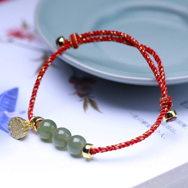 Buddha Stones Natural Jade Lotus Seed Strength Red String Weave Bracelet