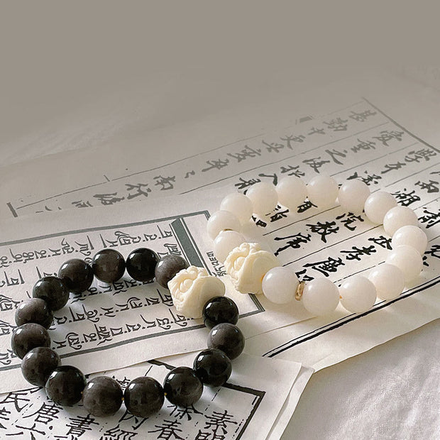 Buddha Stones Silver Sheen Obsidian Bodhi Seed Ivory Fruit Dancing Lion Protection Bracelet