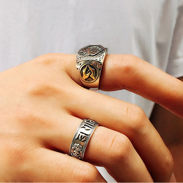 Buddha Stones 925 Sterling Silver Sanskrit Design Carved Protection Adjustable Ring Ring BS 23