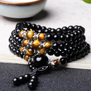 Buddha Stones 108 Beads Natural Black Obsidian Tiger Eye Mala Bracelet