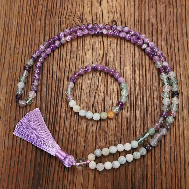 108 Mala Beads Amethyst Fluorite Amazonite Spiritual Positive Tassel Bracelet Mala Bracelet BS 3