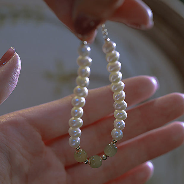 Buddha Stones 14K Gold Plated Natural Pearl Hetian Cyan Jade White Jade Sincerity Bead Chain Bracelet Bracelet BS 2