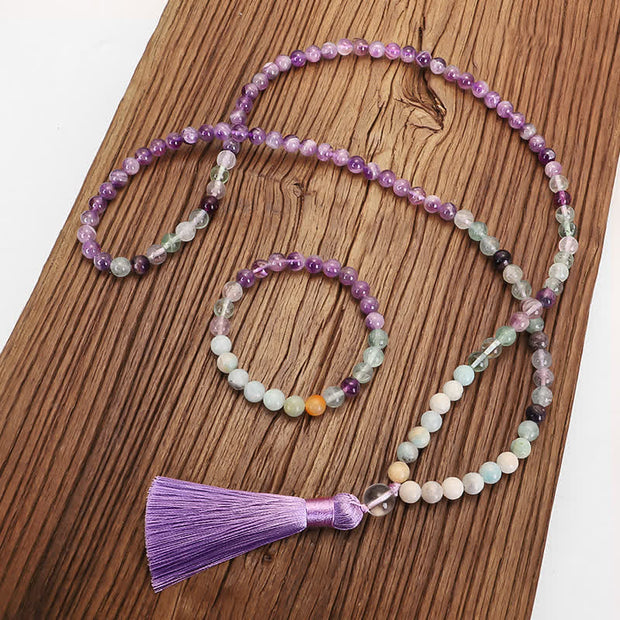 108 Mala Beads Amethyst Fluorite Amazonite Spiritual Positive Tassel Bracelet Mala Bracelet BS 4