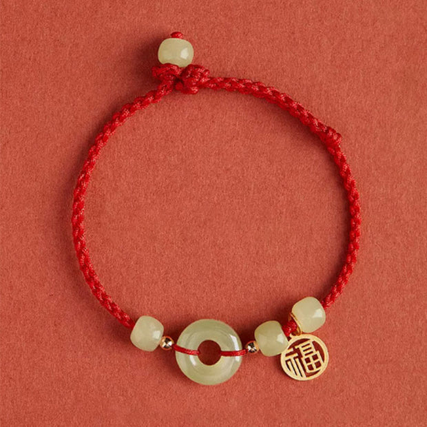 Buddha Stones Round Peace Buckle Jade Lotus Happiness Abundance Wealth String Bracelet Bracelet BS Happiness-Red(Wrist Circumference 14-18cm)