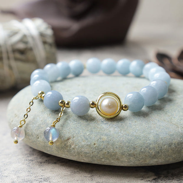 Buddha Stones Aquamarine Pearl Healing Moonstone Beads Charm Bracelet Bracelet BS 4