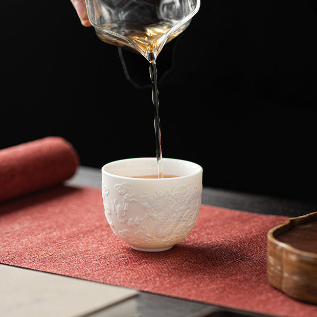 Buddha Stones Dragon Phoenix Relief White Porcelain Ceramic Teacup Kung Fu Tea Cup 115ml