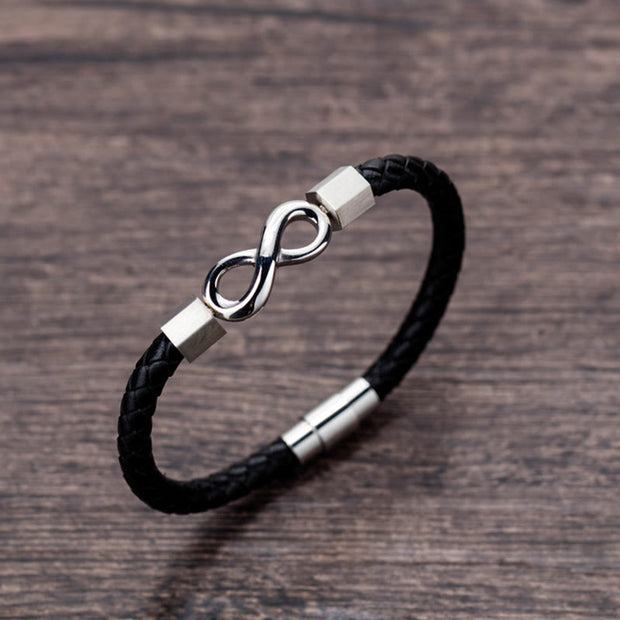 Buddha Stones Endless Knot Titanium Steel Infinity Leather Weave Balance Bracelet Bracelet BS 10