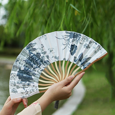 Buddha Stones Ink Painting Beige Flower Handheld Silk Bamboo Folding Fan 21cm