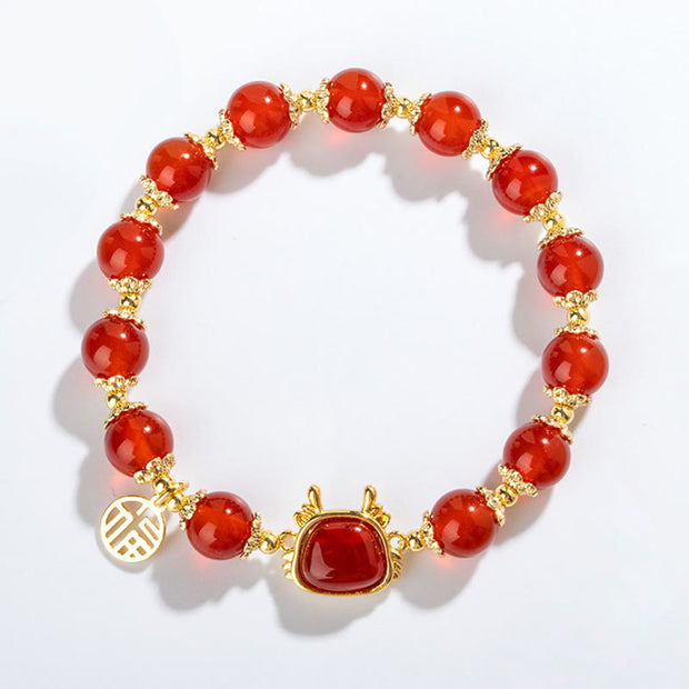 Buddha Stones Year Of The Dragon Natural Red Agate Black Onyx Luck Fu Character Bracelet Bracelet BS 1