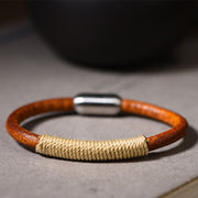 Buddha Stones Tibetan Leather Handmade Five Elements Luck Braid String Buckle Bracelet Bracelet BS Beige(Metal) 19cm