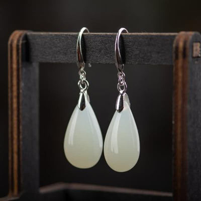 Buddha Stones Hetian White Jade Water Drop Luck Blessing Dangle Earrings Earrings BS Silver