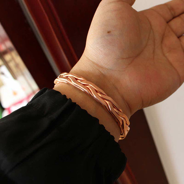 Buddha Stones Braided Pattern Solid Copper Cuff Bracelet Bangle