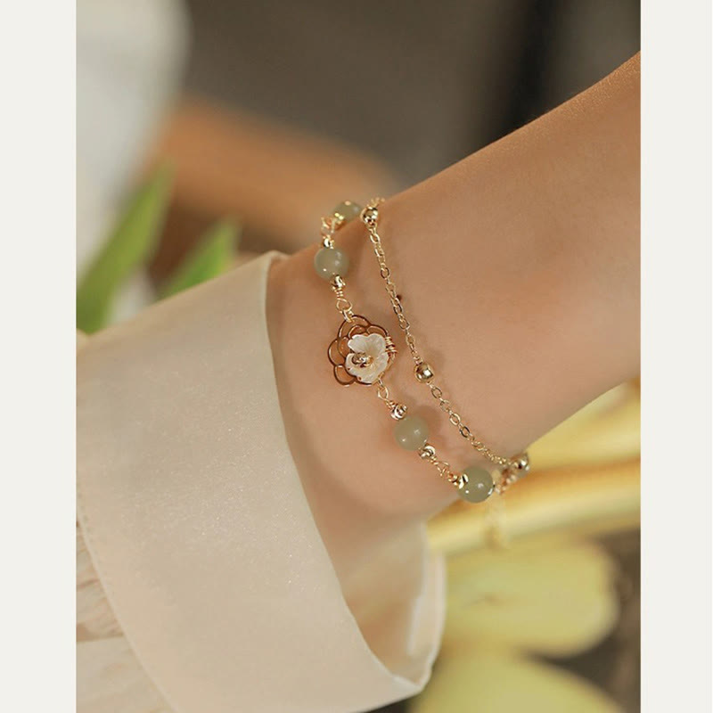 Buddha Stones 14K Gold Plated Jade Butterfly Tridacna Stone Flower
