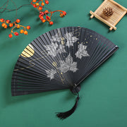 Buddha Stones Vintage Cloud Crane Maple Leaf Pattern Handheld Bamboo Folding Fan