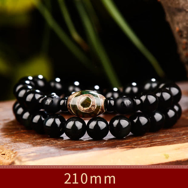Buddha Stones 108 Beads Black Obsidian Dzi Bead Tiger Eye Agate Healing Mala Bracelet Bracelet BS Dzi Bead 10mm (2 Circles)