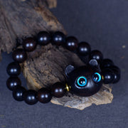Buddha Stones Ebony Wood Liuli Glass Lovely Cat Peace Balance Bracelet