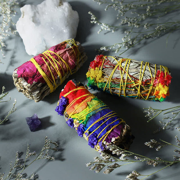 Buddha Stones Colorful Daisy Red Rose Flowers Smudge Stick for Home Cleansing Incense Healing Meditation Smudge Sticks Rituals Set