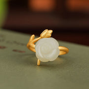 Buddha Stones 925 Sterling Silver Plated Gold Rose Flower Hetian White Jade Happiness Ring Ring BS 3