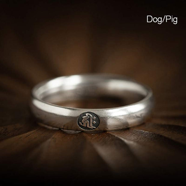 Buddha Stones 925 Sterling Silver Chinese Zodiac Natal Buddha Blessing Couple Ring Rings BS Dog/Pig Women