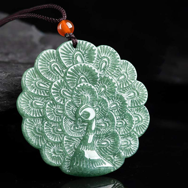 Buddha Stones Natural Jade Peacock Luck Prosperity Necklace Pendant Necklaces & Pendants BS 1