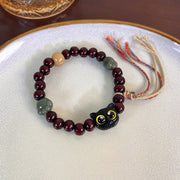 Buddha Stones Ebony Wood Lovely Cat Jade Paw Peace Tassel Wood Bracelet Bracelet BS 6