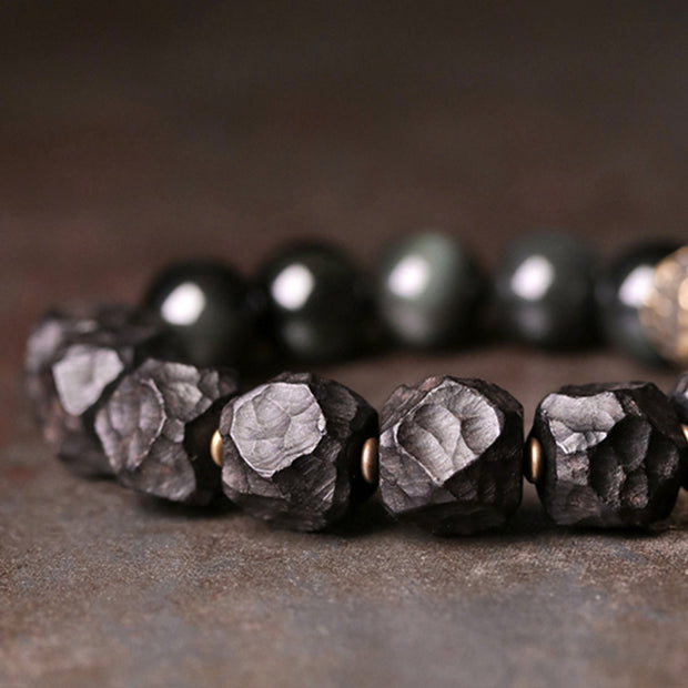 Buddha Stones Black Obsidian Ebony Wood Copper Strength Couple Bracelet Bracelet BS 5