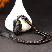 Buddha Stones Black Obsidian Koi Fish Healing Strength Beaded Necklace Pendant Necklaces & Pendants BS 3