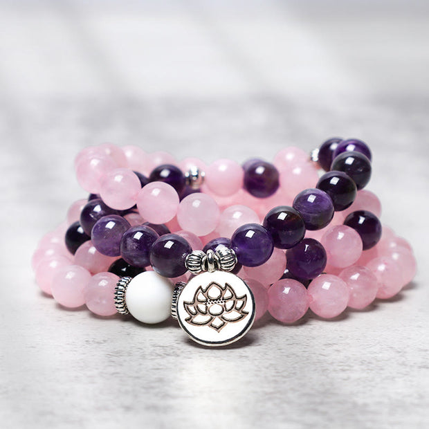 Buddha Stones Natural Rose Quartz & Amethyst Mala Bead Lotus Pendant Bracelet Bracelet BS main