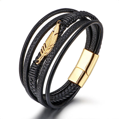 Buddha Stones Feather Pattern Multilayer Leather Titanium Steel Calm Braided Magnetic Buckle Bracelet