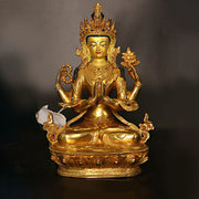 Buddha Stones Bodhisattva Tara Chenrezig Four-armed Avalokitesvara Protection Copper Gold Plated Statue Decoration Decorations BS 5