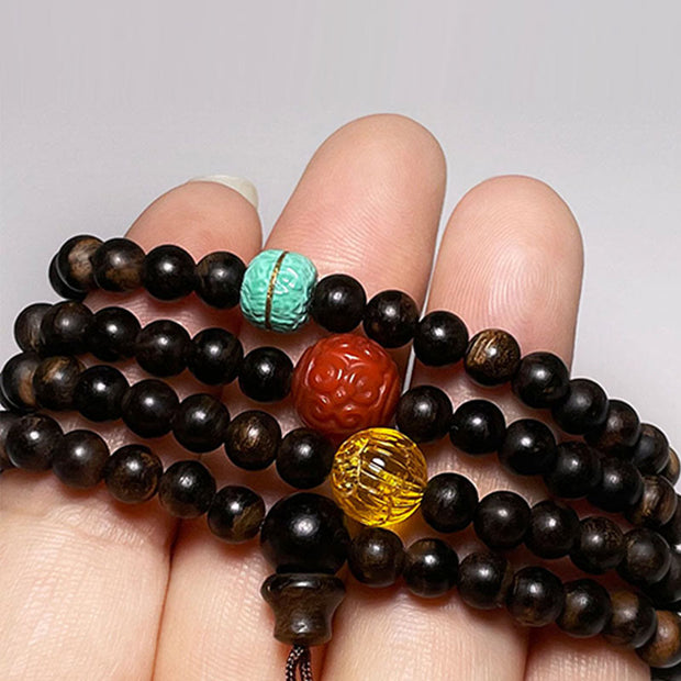 Buddha Stones Nha Trang Bai Qinan Agarwood Turquoise Amber Red Agate Strength Meditation Bracelet Bracelet BS 13