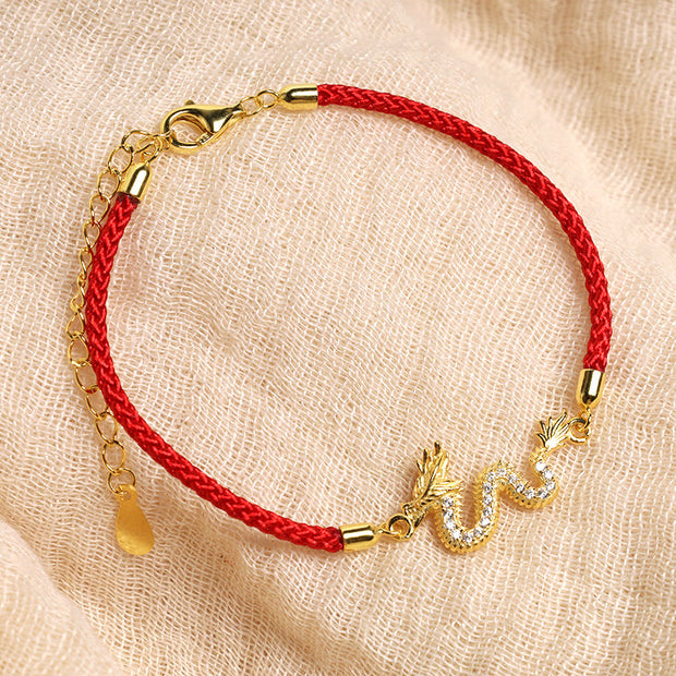 Buddha Stones 925 Sterling Silver Year Of The Dragon Auspicious Golden Dragon Luck Red Rope Chain Bracelet (Extra 30% Off | USE CODE: FS30)