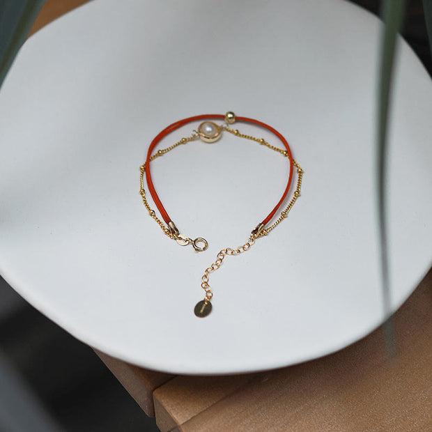 Buddha Stones 14K Gold Plated Pearl Bead Luck Red String Double Layer Bracelet