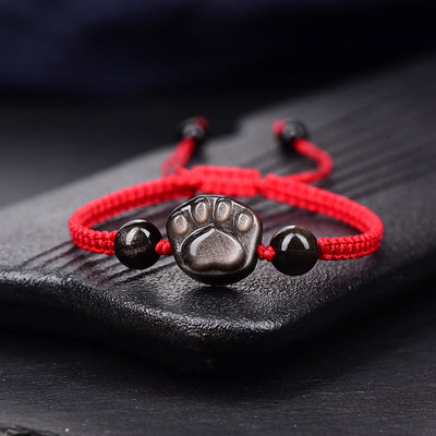 Buddha Stones Natural Silver Sheen Obsidian Gold Sheen Obsidian Cute Cat Paw Claw Protection Rope Bracelet Bracelet BS Silver Sheen Obsidian Red Rope(Wrist Circumference 14-19cm)