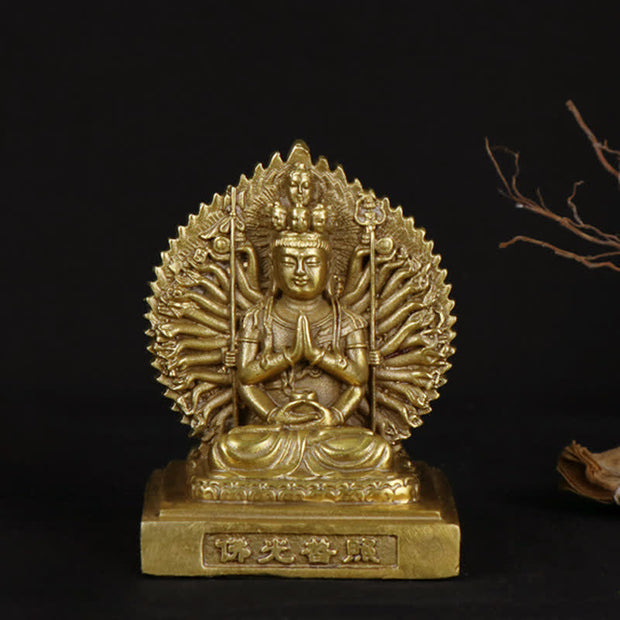 Buddha Stones Chenrezig Thousand-handed Avalokitesvara Figurine Double-sided Kuan Yin Bodhisattva Protection Solid Copper Statue Decoration